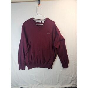 Greg Norman Mens Large Burgundy V-Neck Shark Logo Golf Knit Sweater L